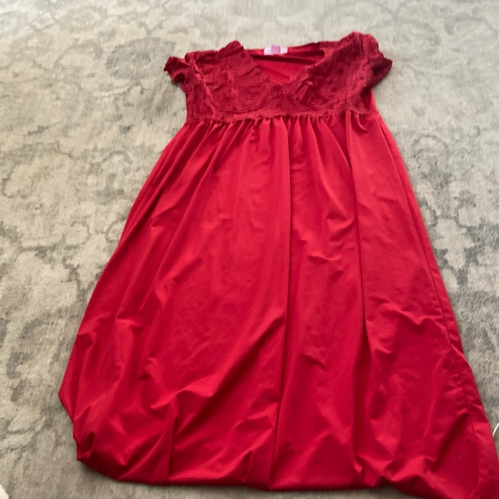 Amoureuse red night gown with lace see through top.